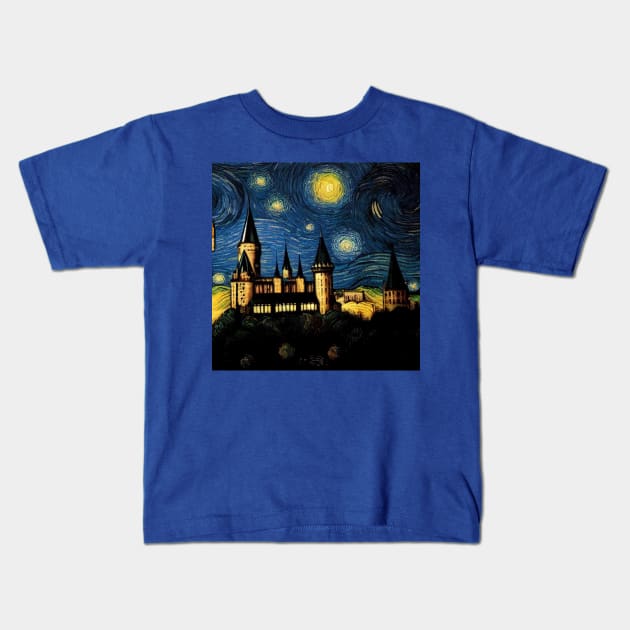 Starry Night Wizarding School Van Gogh Kids T-Shirt by Grassroots Green